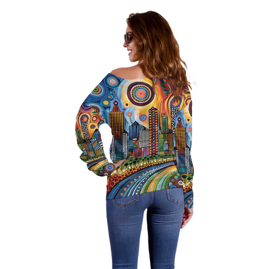 The Gold Coast Queensland Off Shoulder Sweater Australian Landscapes Aboriginal Dot Painting