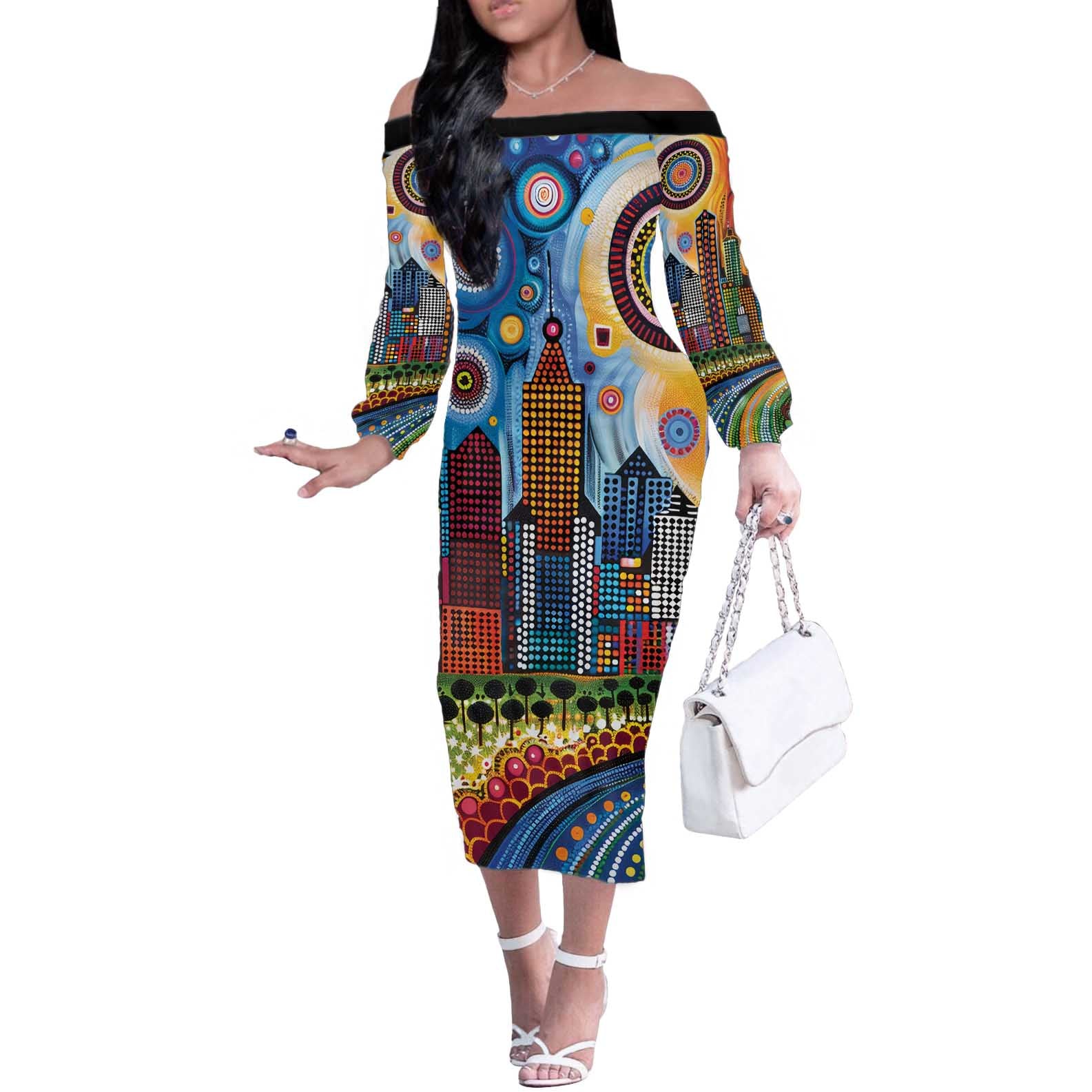 The Gold Coast Queensland Off The Shoulder Long Sleeve Dress Australian Landscapes Aboriginal Dot Painting