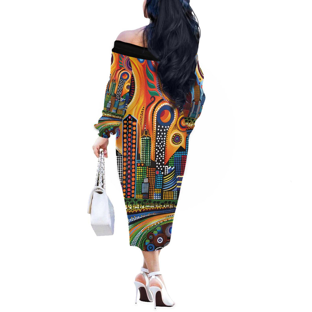 The Gold Coast Queensland Off The Shoulder Long Sleeve Dress Australian Landscapes Aboriginal Dot Painting