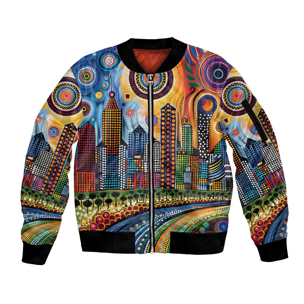 The Gold Coast Queensland Sleeve Zip Bomber Jacket Australian Landscapes Aboriginal Dot Painting
