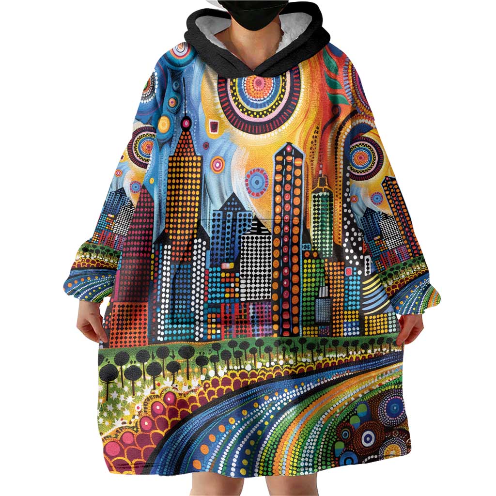 The Gold Coast Queensland Wearable Blanket Hoodie Australian Landscapes Aboriginal Dot Painting