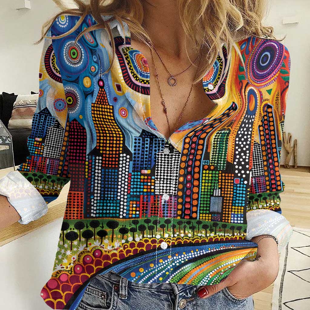 The Gold Coast Queensland Women Casual Shirt Australian Landscapes Aboriginal Dot Painting