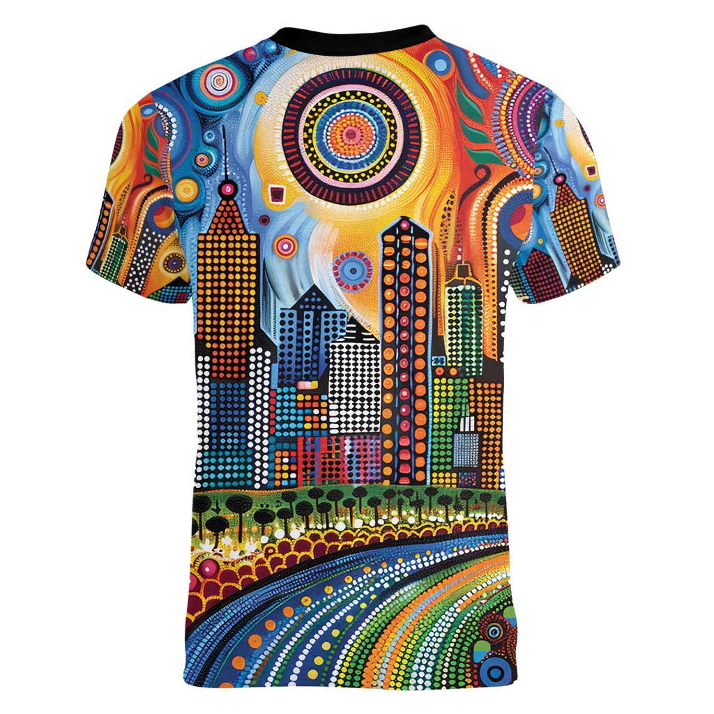 The Gold Coast Queensland Women V-Neck T-Shirt Australian Landscapes Aboriginal Dot Painting
