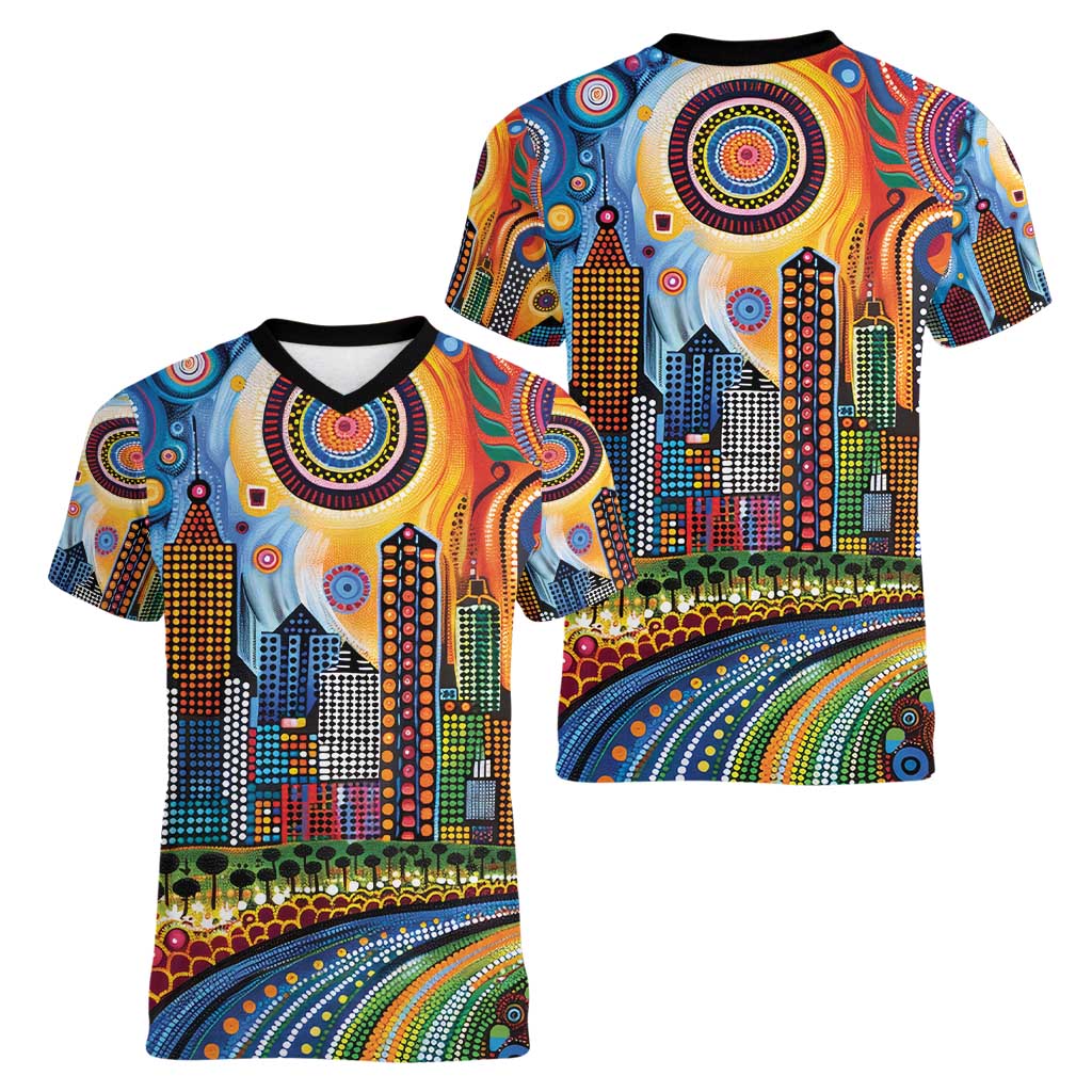 The Gold Coast Queensland Women V-Neck T-Shirt Australian Landscapes Aboriginal Dot Painting