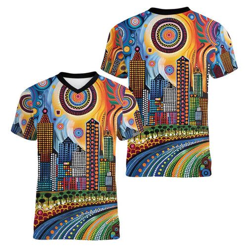 The Gold Coast Queensland Women V-Neck T-Shirt Australian Landscapes Aboriginal Dot Painting