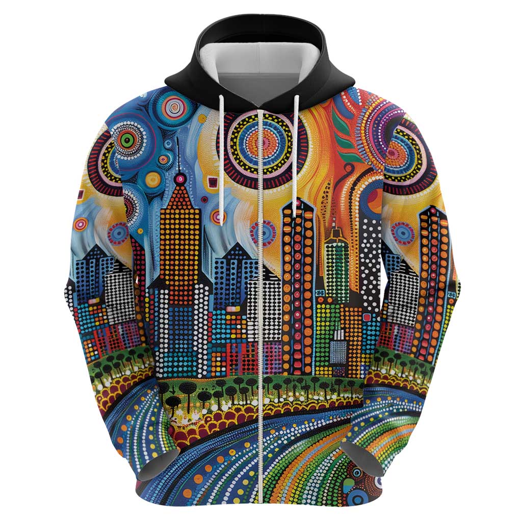 The Gold Coast Queensland Zip Hoodie Australian Landscapes Aboriginal Dot Painting