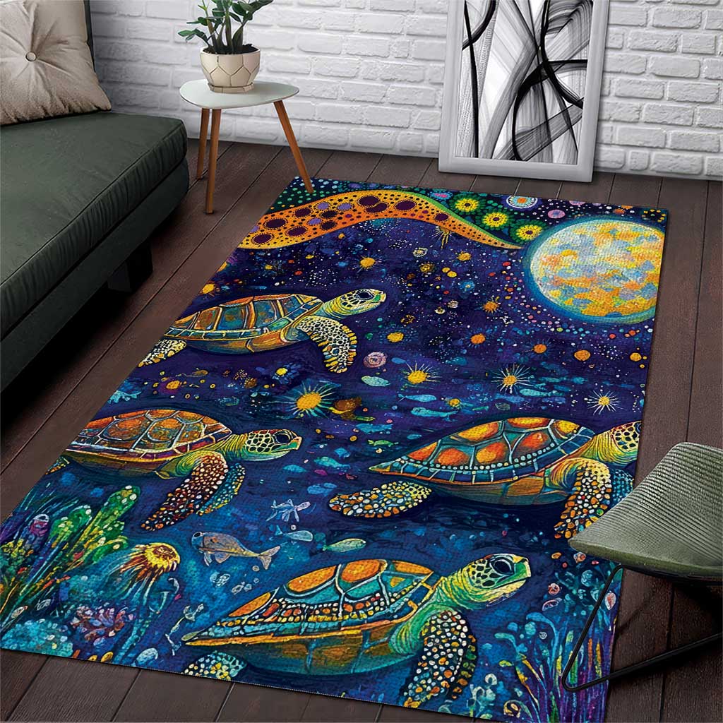 Underwater Turtles Starry Night Sky Area Rug Aboriginal Dot Painting Full Moon Coral Landscape