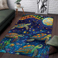 Underwater Turtles Starry Night Sky Area Rug Aboriginal Dot Painting Full Moon Coral Landscape