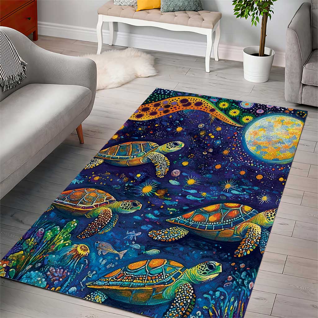Underwater Turtles Starry Night Sky Area Rug Aboriginal Dot Painting Full Moon Coral Landscape