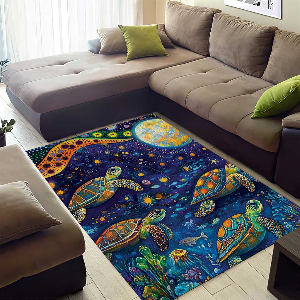 Underwater Turtles Starry Night Sky Area Rug Aboriginal Dot Painting Full Moon Coral Landscape