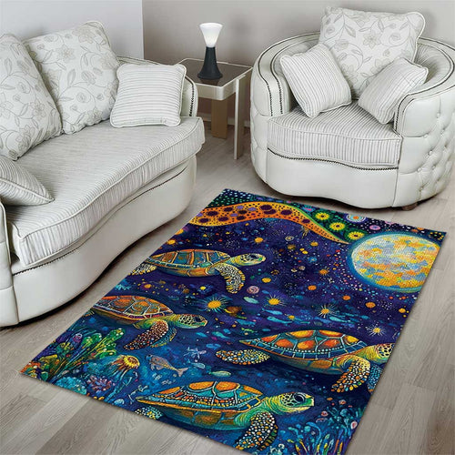 Underwater Turtles Starry Night Sky Area Rug Aboriginal Dot Painting Full Moon Coral Landscape