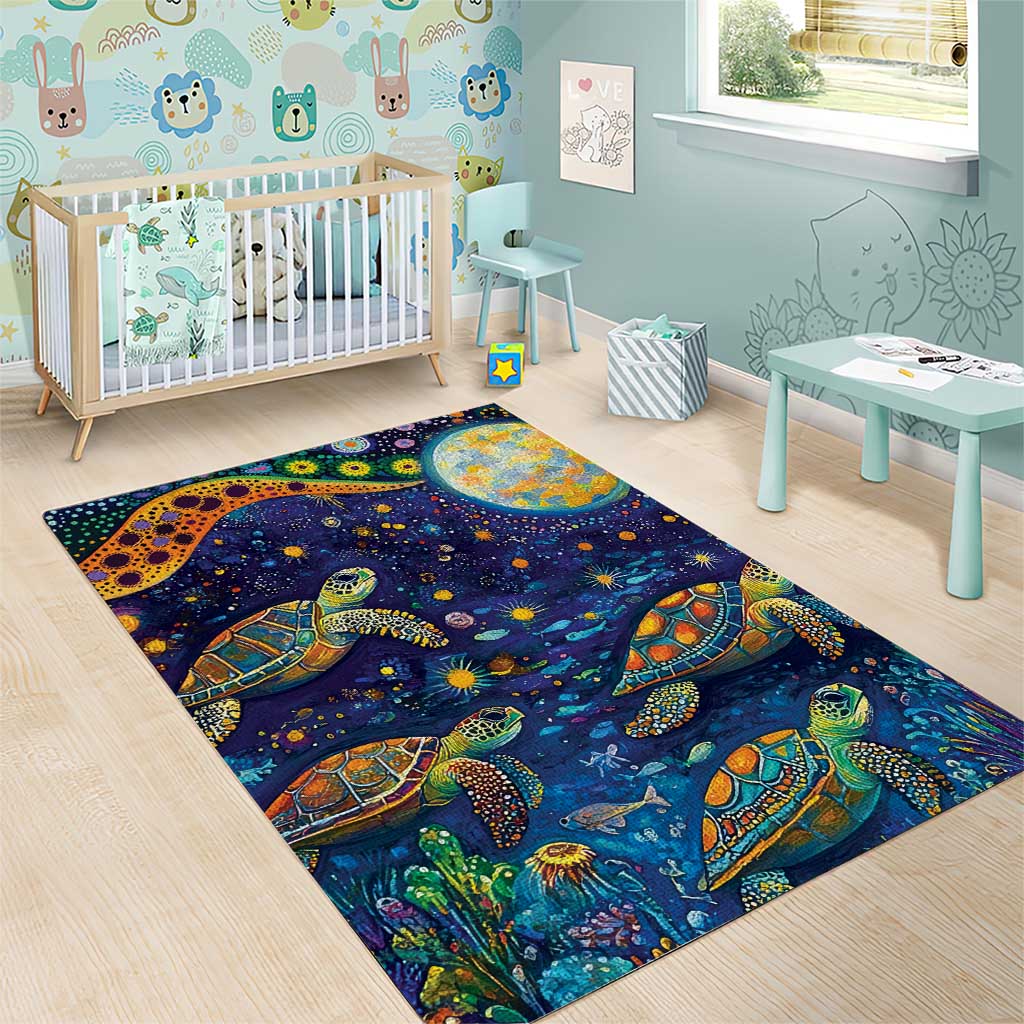 Underwater Turtles Starry Night Sky Area Rug Aboriginal Dot Painting Full Moon Coral Landscape