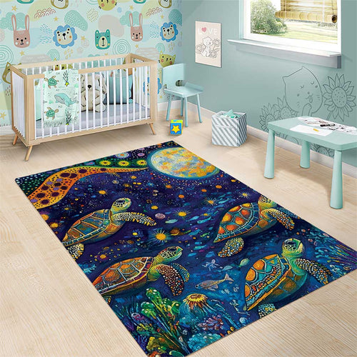 Underwater Turtles Starry Night Sky Area Rug Aboriginal Dot Painting Full Moon Coral Landscape