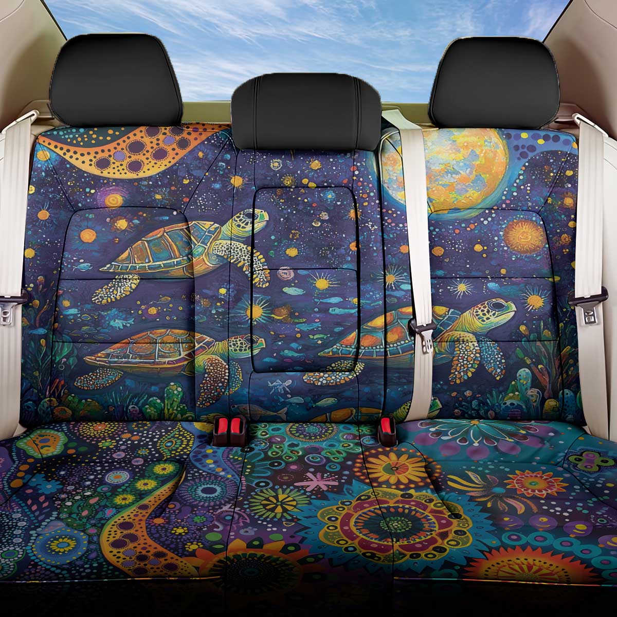 Underwater Turtles Starry Night Sky Back Car Seat Cover Aboriginal Dot Painting Full Moon Coral Landscape