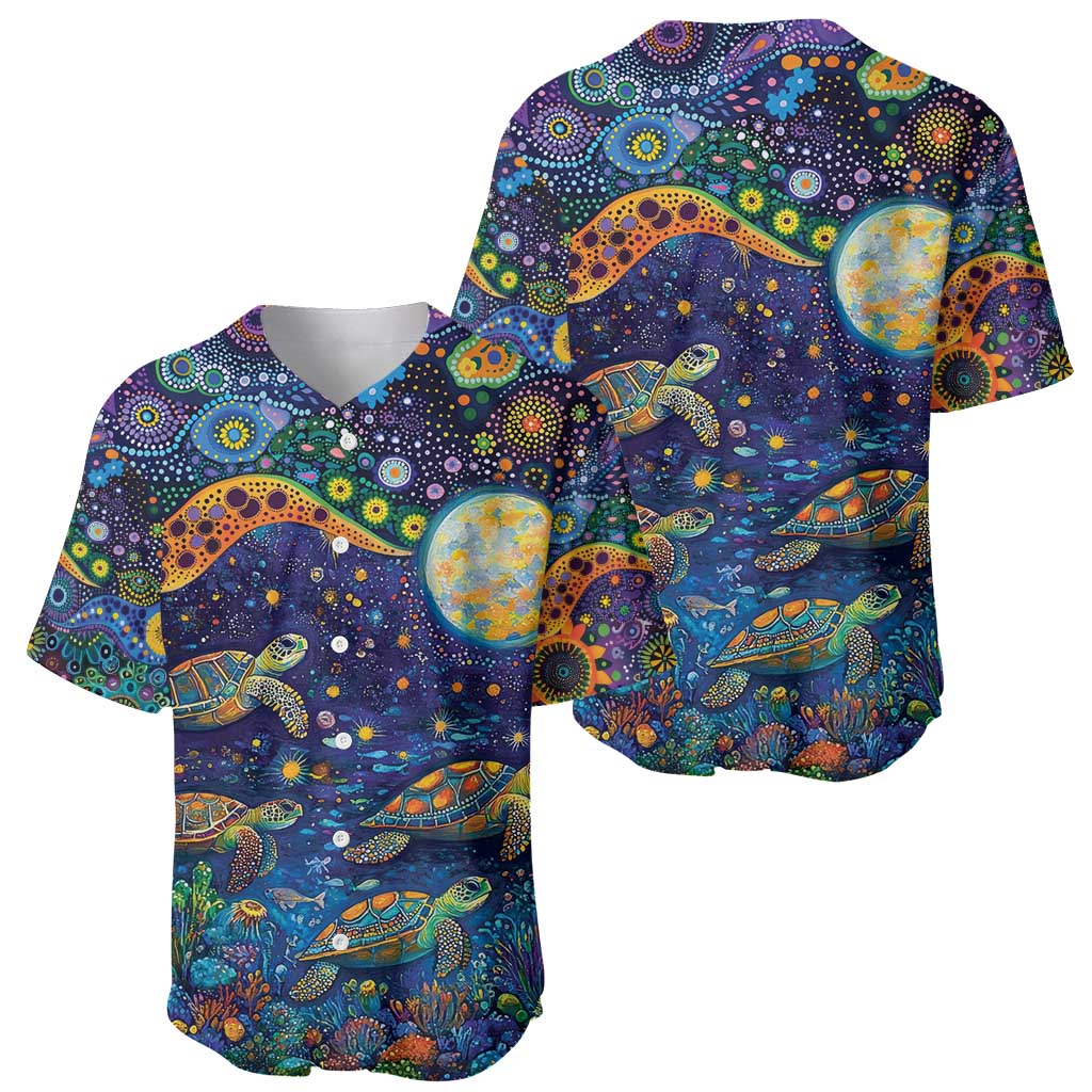Underwater Turtles Starry Night Sky Baseball Jersey Aboriginal Dot Painting Full Moon Coral Landscape