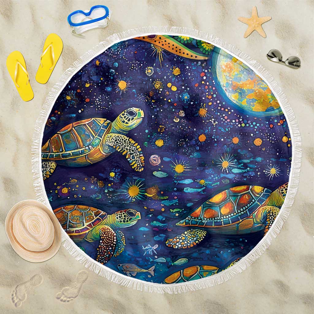 Underwater Turtles Starry Night Sky Beach Blanket Aboriginal Dot Painting Full Moon Coral Landscape