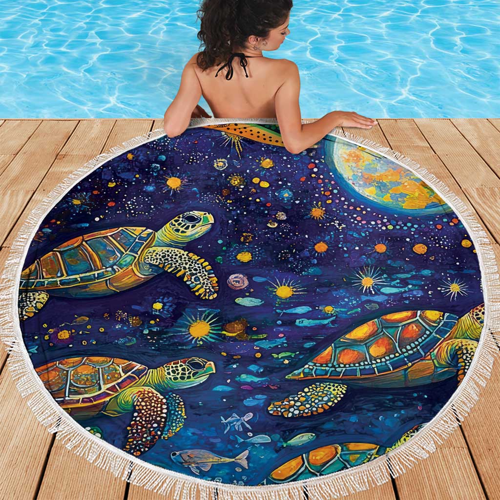 Underwater Turtles Starry Night Sky Beach Blanket Aboriginal Dot Painting Full Moon Coral Landscape