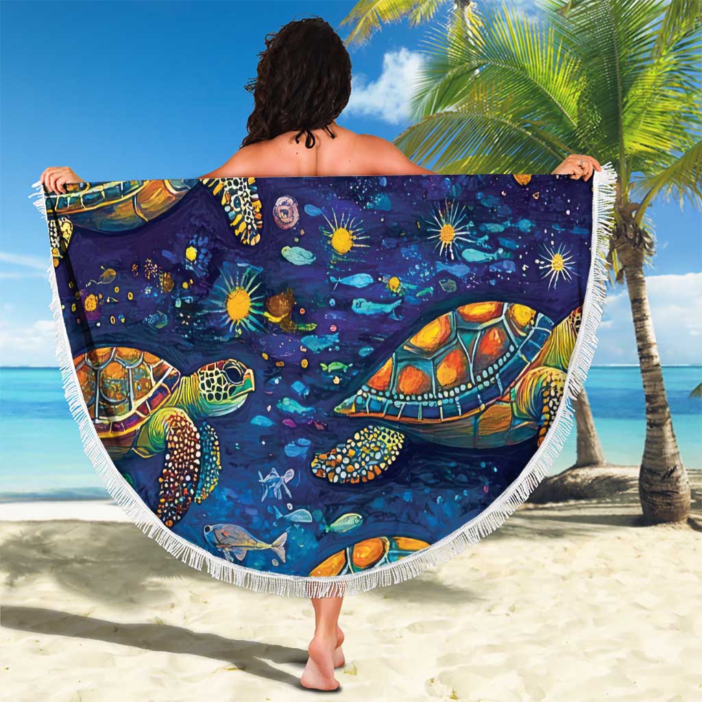 Underwater Turtles Starry Night Sky Beach Blanket Aboriginal Dot Painting Full Moon Coral Landscape