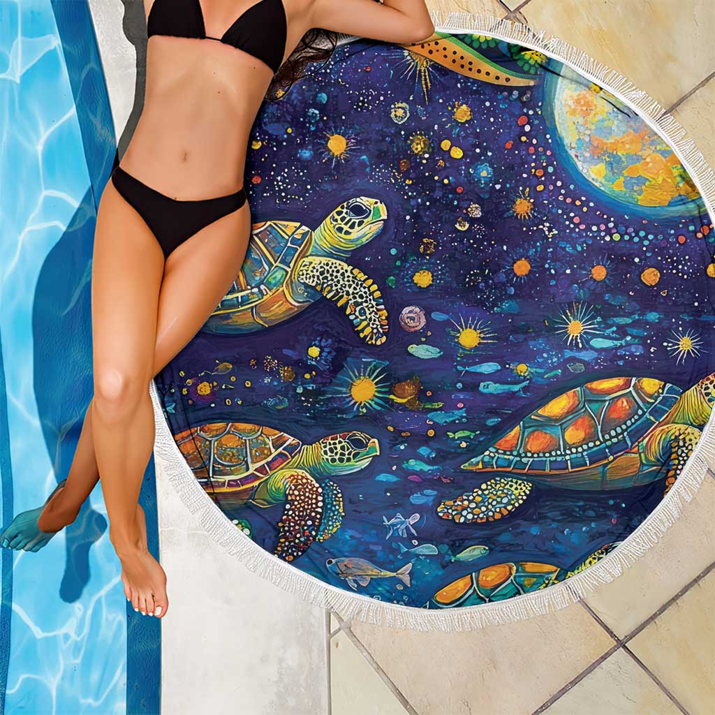 Underwater Turtles Starry Night Sky Beach Blanket Aboriginal Dot Painting Full Moon Coral Landscape