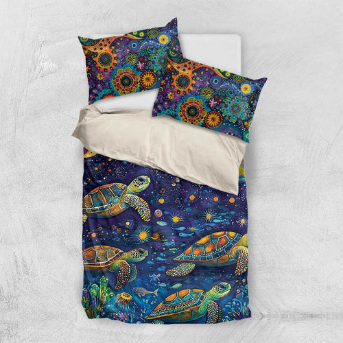 Underwater Turtles Starry Night Sky Bedding Set Aboriginal Dot Painting Full Moon Coral Landscape