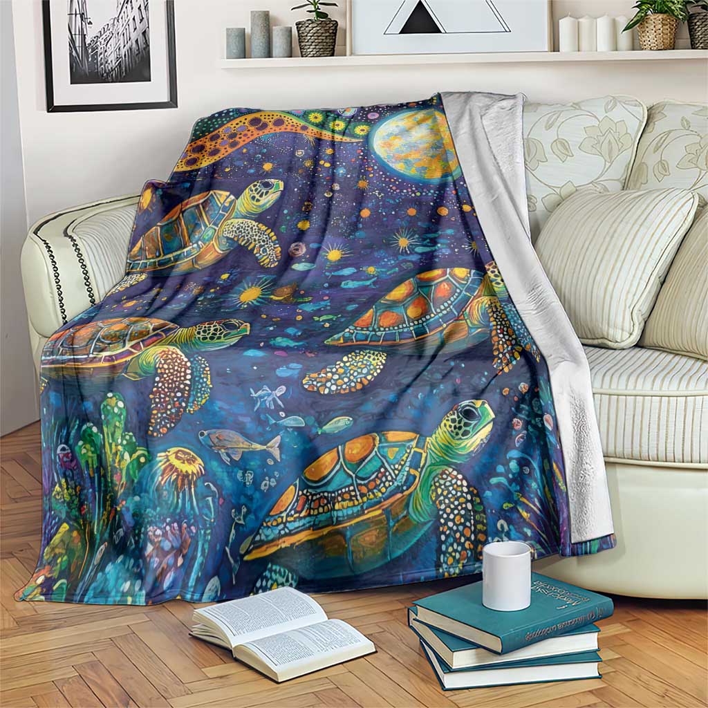 Underwater Turtles Starry Night Sky Blanket Aboriginal Dot Painting Full Moon Coral Landscape