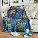 Underwater Turtles Starry Night Sky Blanket Aboriginal Dot Painting Full Moon Coral Landscape
