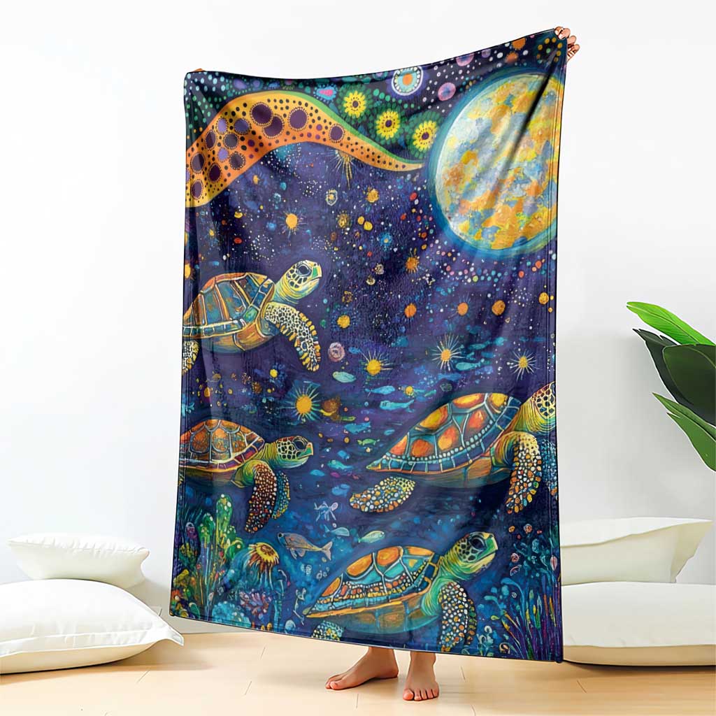 Underwater Turtles Starry Night Sky Blanket Aboriginal Dot Painting Full Moon Coral Landscape