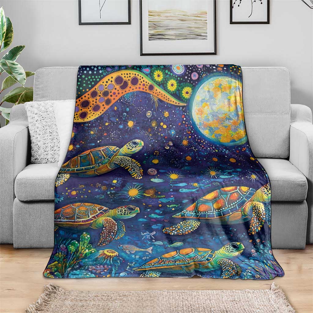 Underwater Turtles Starry Night Sky Blanket Aboriginal Dot Painting Full Moon Coral Landscape