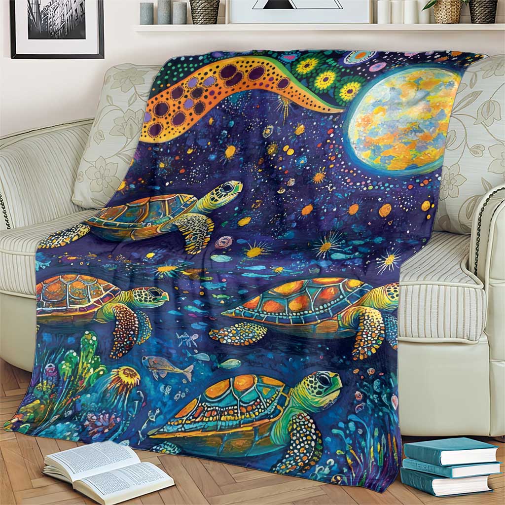 Underwater Turtles Starry Night Sky Blanket Aboriginal Dot Painting Full Moon Coral Landscape