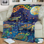 Underwater Turtles Starry Night Sky Blanket Aboriginal Dot Painting Full Moon Coral Landscape