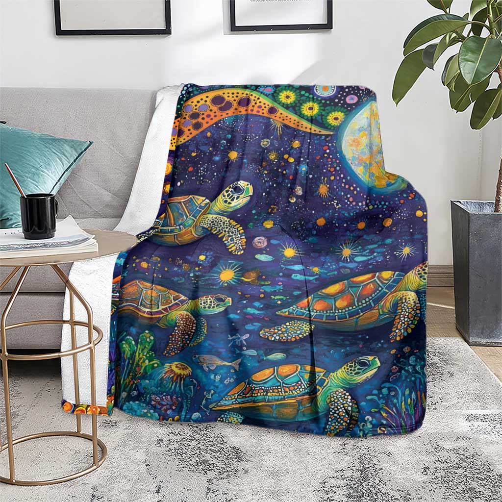 Underwater Turtles Starry Night Sky Blanket Aboriginal Dot Painting Full Moon Coral Landscape