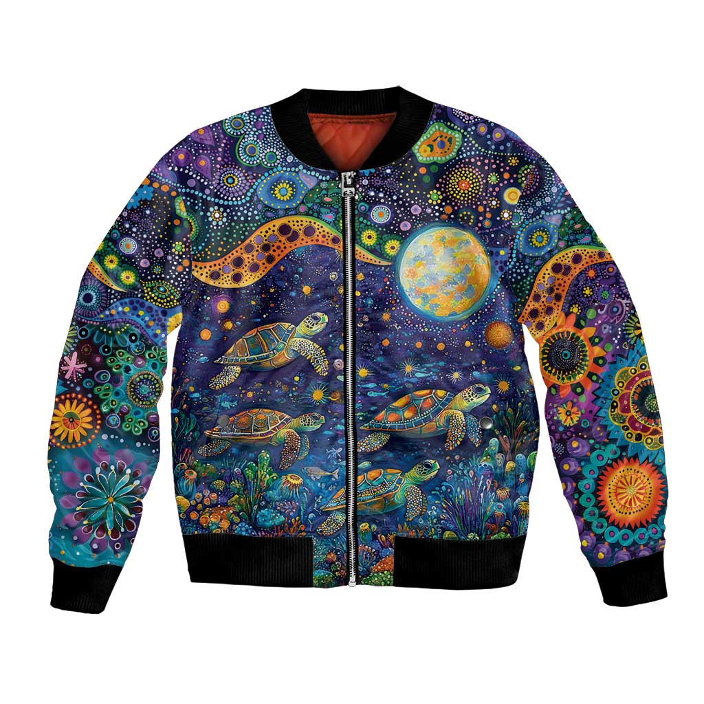 Underwater Turtles Starry Night Sky Bomber Jacket Aboriginal Dot Painting Full Moon Coral Landscape