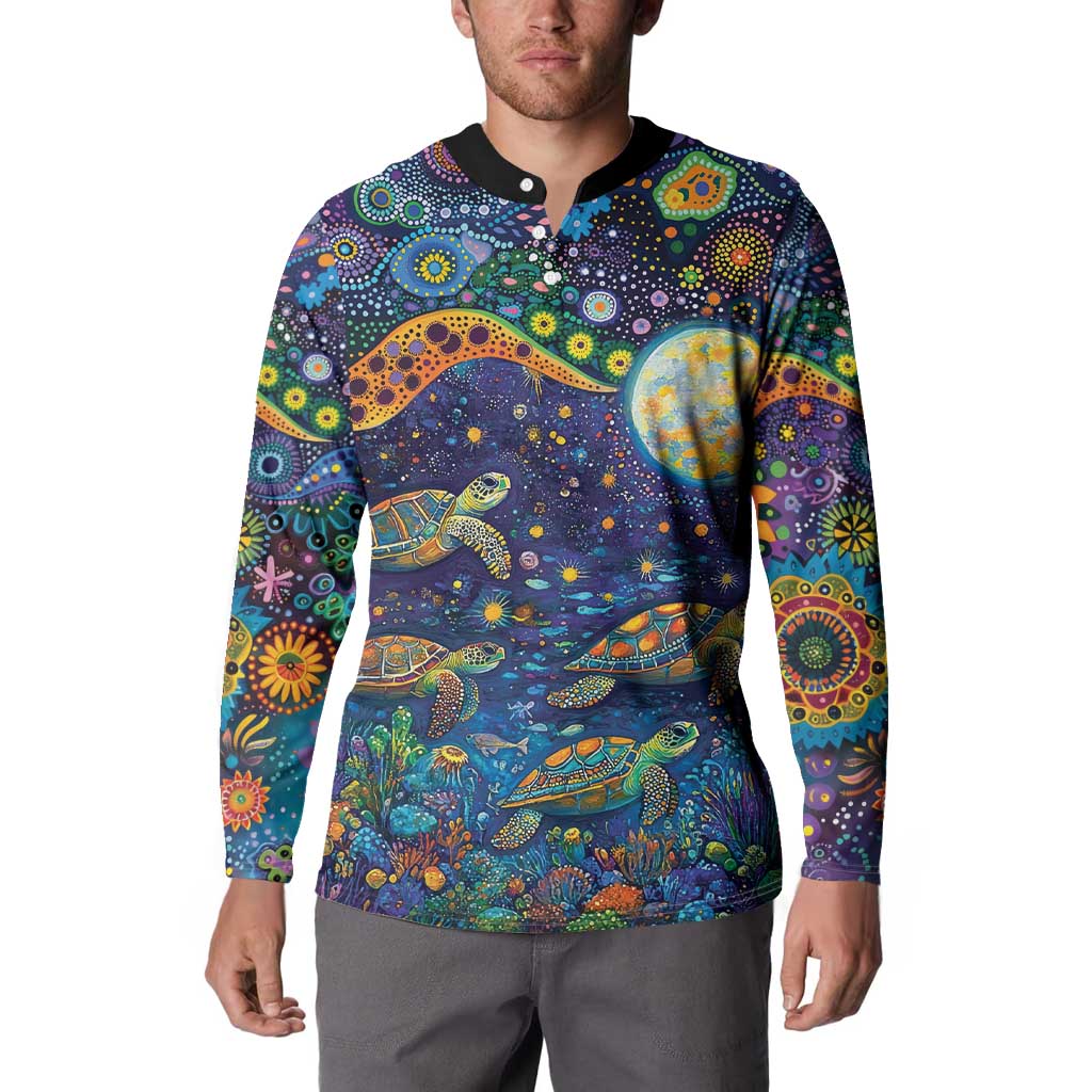 Underwater Turtles Starry Night Sky Button Sweatshirt Aboriginal Dot Painting Full Moon Coral Landscape