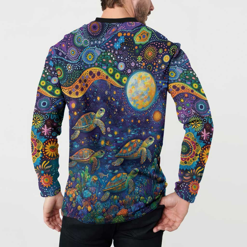 Underwater Turtles Starry Night Sky Button Sweatshirt Aboriginal Dot Painting Full Moon Coral Landscape