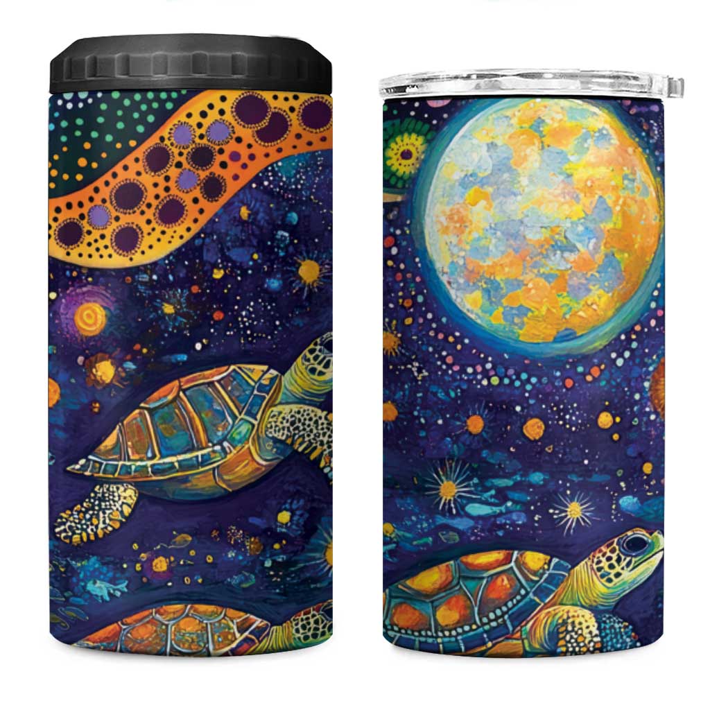 Underwater Turtles Starry Night Sky 4 in 1 Can Cooler Tumbler Aboriginal Dot Painting Full Moon Coral Landscape