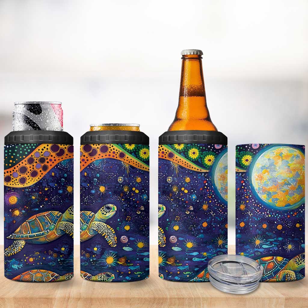 Underwater Turtles Starry Night Sky 4 in 1 Can Cooler Tumbler Aboriginal Dot Painting Full Moon Coral Landscape