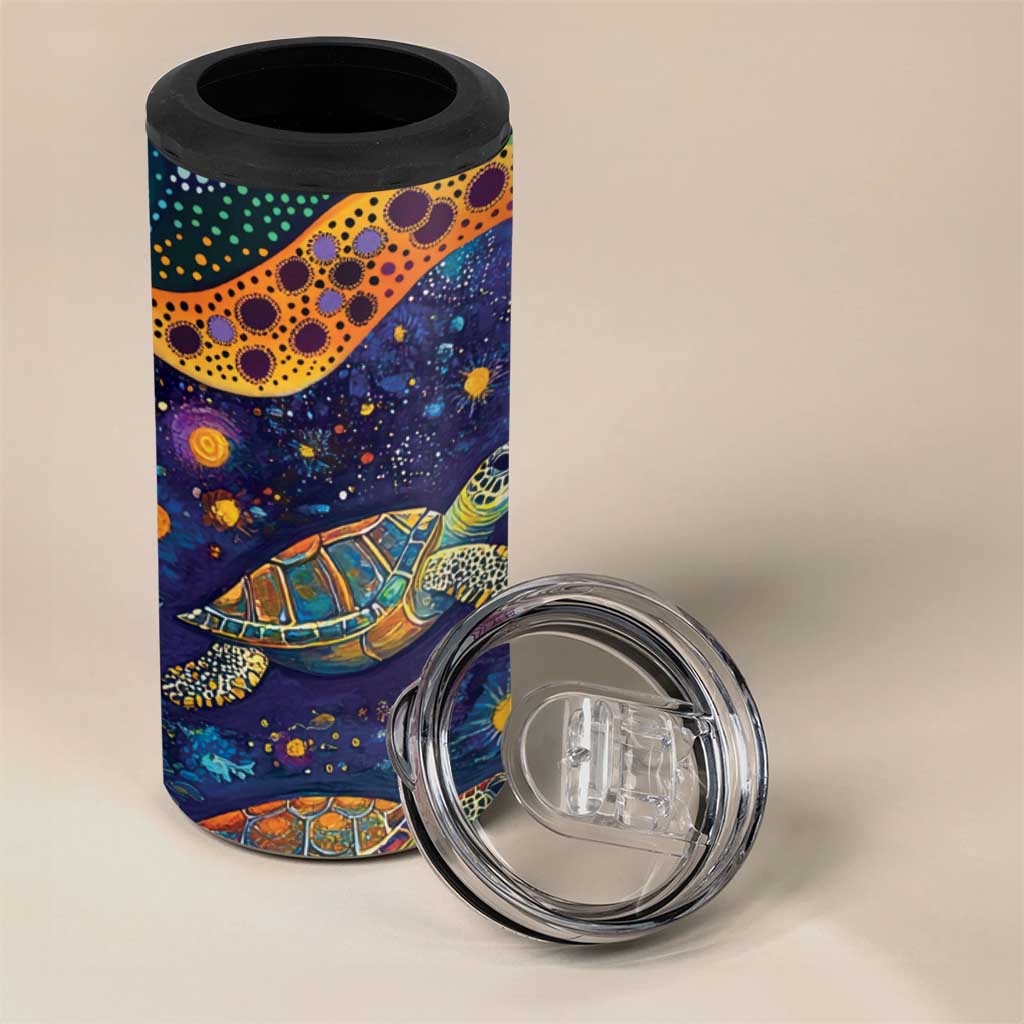 Underwater Turtles Starry Night Sky 4 in 1 Can Cooler Tumbler Aboriginal Dot Painting Full Moon Coral Landscape