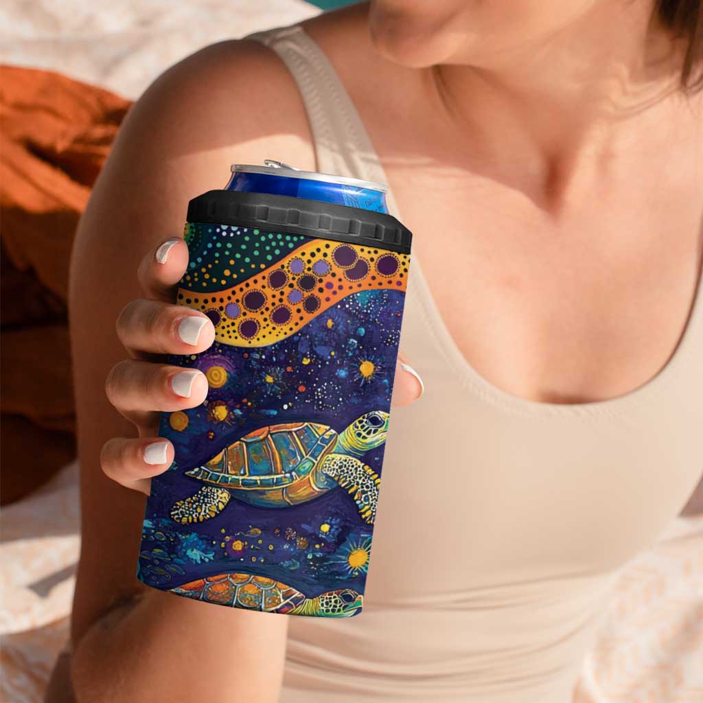Underwater Turtles Starry Night Sky 4 in 1 Can Cooler Tumbler Aboriginal Dot Painting Full Moon Coral Landscape