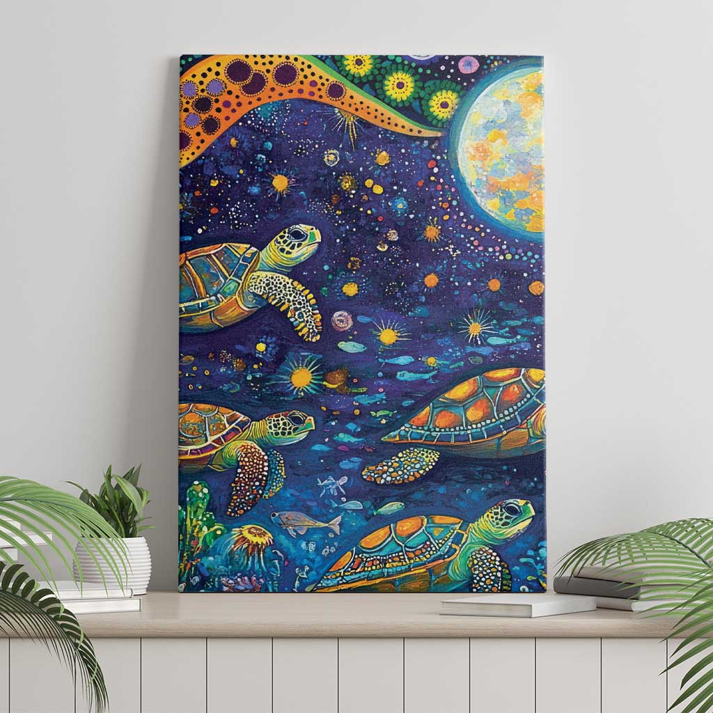 Underwater Turtles Starry Night Sky Canvas Wall Art Aboriginal Dot Painting Full Moon Coral Landscape