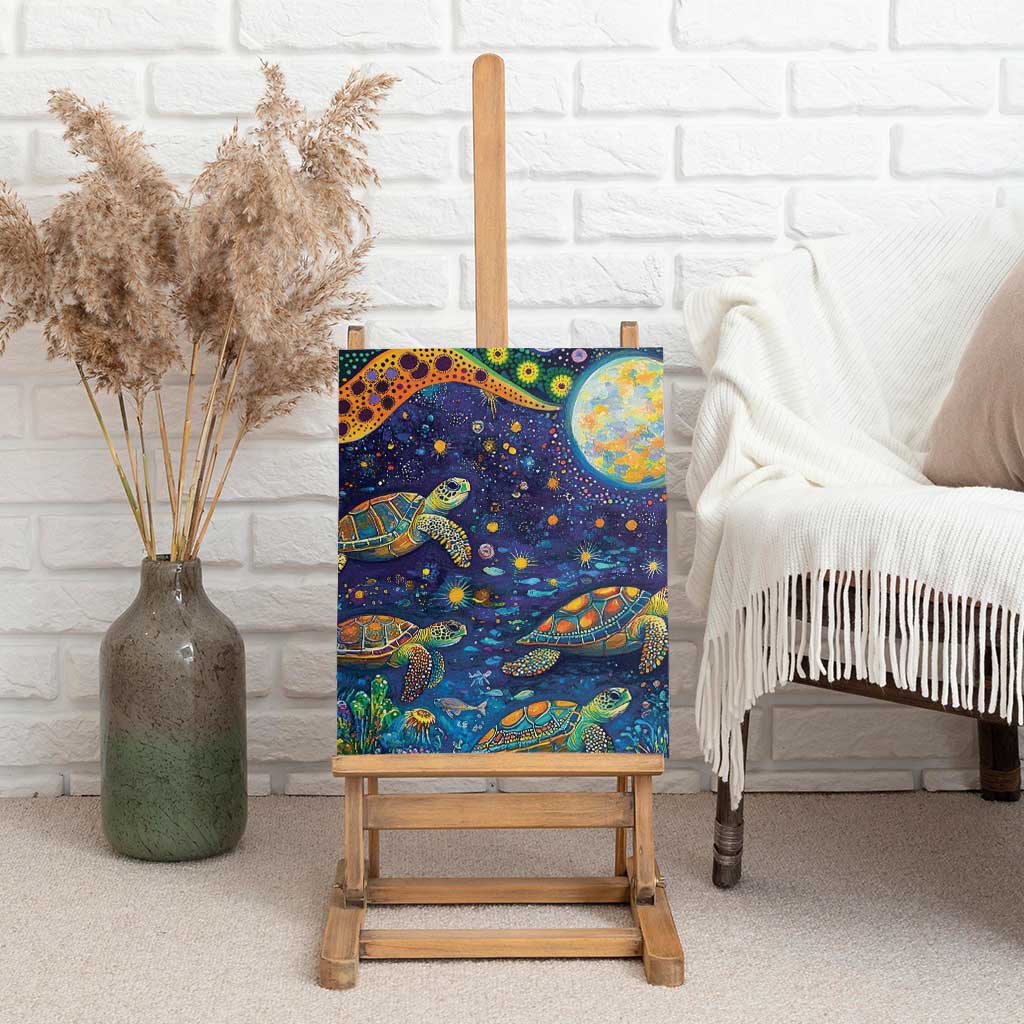 Underwater Turtles Starry Night Sky Canvas Wall Art Aboriginal Dot Painting Full Moon Coral Landscape