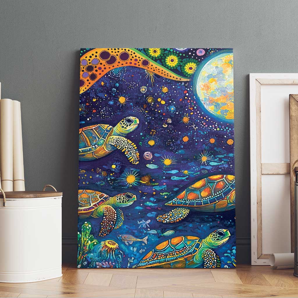 Underwater Turtles Starry Night Sky Canvas Wall Art Aboriginal Dot Painting Full Moon Coral Landscape