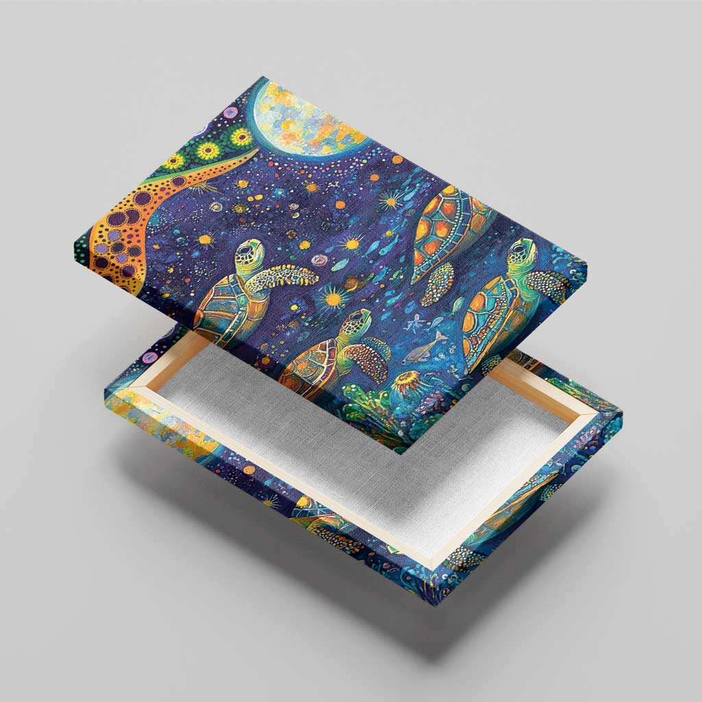 Underwater Turtles Starry Night Sky Canvas Wall Art Aboriginal Dot Painting Full Moon Coral Landscape