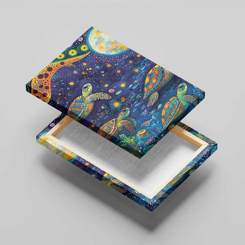 Underwater Turtles Starry Night Sky Canvas Wall Art Aboriginal Dot Painting Full Moon Coral Landscape
