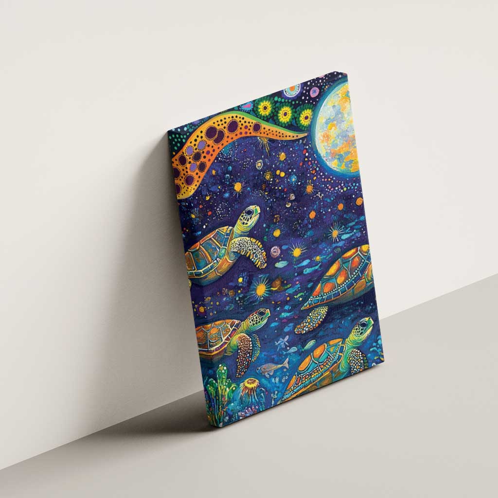 Underwater Turtles Starry Night Sky Canvas Wall Art Aboriginal Dot Painting Full Moon Coral Landscape