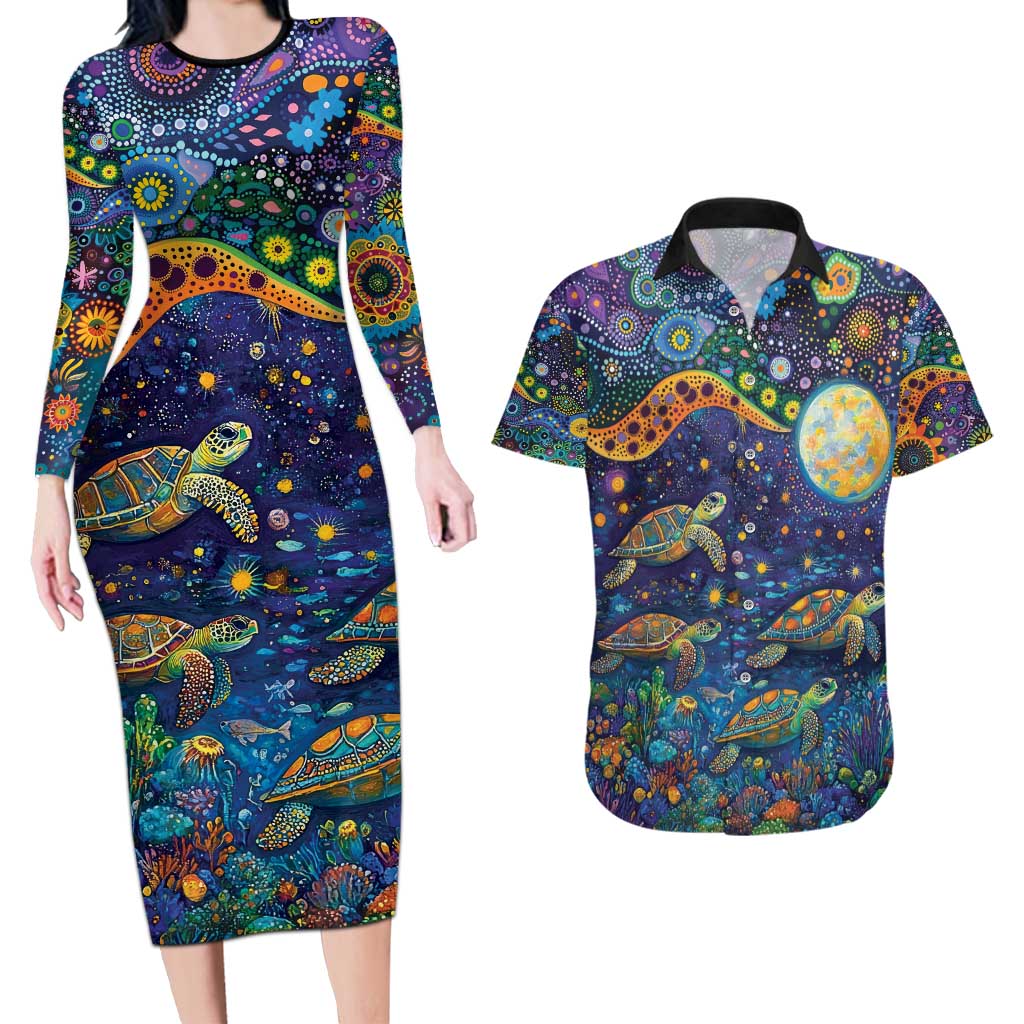 Underwater Turtles Starry Night Sky Couples Matching Long Sleeve Bodycon Dress and Hawaiian Shirt Aboriginal Dot Painting Full Moon Coral Landscape