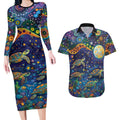 Underwater Turtles Starry Night Sky Couples Matching Long Sleeve Bodycon Dress and Hawaiian Shirt Aboriginal Dot Painting Full Moon Coral Landscape