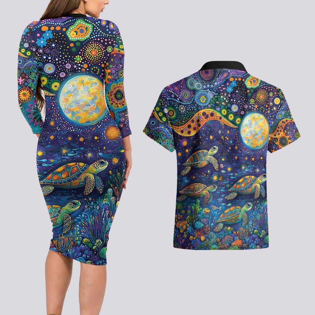 Underwater Turtles Starry Night Sky Couples Matching Long Sleeve Bodycon Dress and Hawaiian Shirt Aboriginal Dot Painting Full Moon Coral Landscape