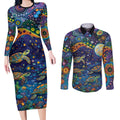 Underwater Turtles Starry Night Sky Couples Matching Long Sleeve Bodycon Dress and Long Sleeve Button Shirt Aboriginal Dot Painting Full Moon Coral Landscape