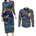 Underwater Turtles Starry Night Sky Couples Matching Long Sleeve Bodycon Dress and Long Sleeve Button Shirt Aboriginal Dot Painting Full Moon Coral Landscape