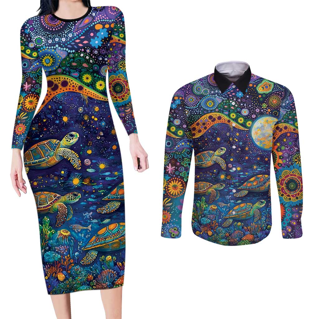 Underwater Turtles Starry Night Sky Couples Matching Long Sleeve Bodycon Dress and Long Sleeve Button Shirt Aboriginal Dot Painting Full Moon Coral Landscape